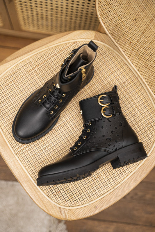 Bottines à lacets vegan noires perforées femme écoresponsables recyclées Bastide Minuit sur Terre