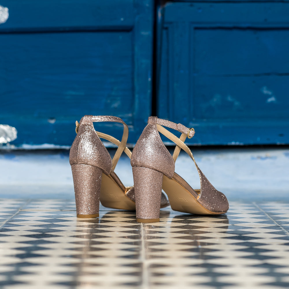 Sandales à talon à paillettes rose gold femme vegan écologiques Agadir Minuit sur Terre