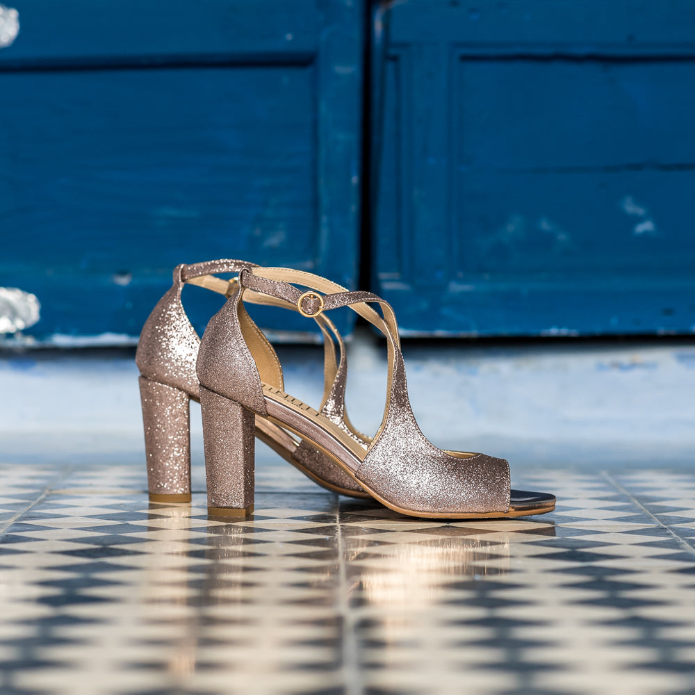 Sandales à talon à paillettes rose gold femme vegan écologiques Agadir Minuit sur Terre