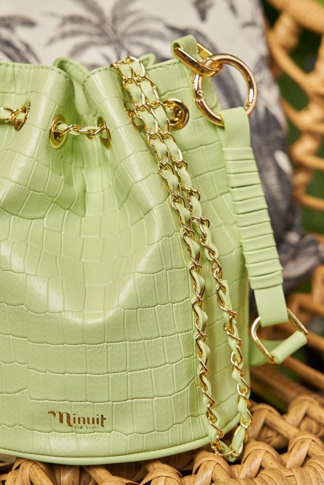 Sac à main femme seau vert menthe imitation crocodile écologique recyclé vegan Héra Minuit sur Terre