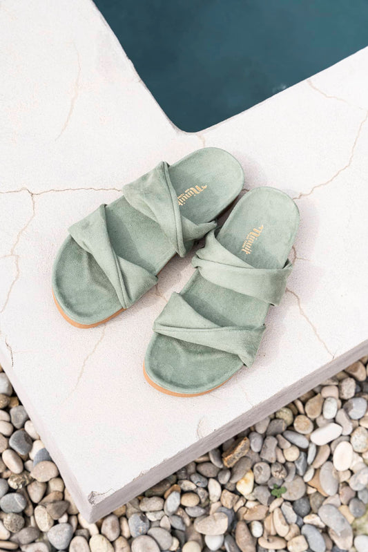 Sandales plates vert sauge vegan écologiques recyclées Garrigue Minuit sur Terre
