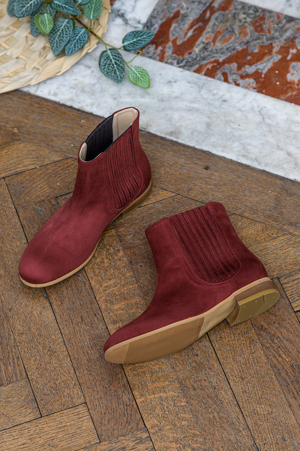 Bottines plates rouges bordeaux pour femme vegan écologiques Firenze Minuit sur Terre