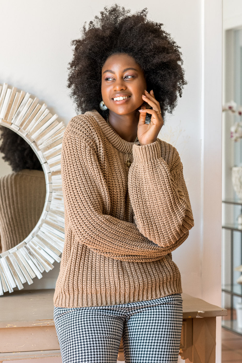 Pull écologique en grosse maille pour femme coton recyclé vegan Cannelle marron Minuit sur Terre