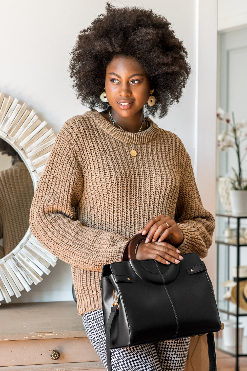 Pull écologique en grosse maille pour femme coton recyclé vegan Cannelle marron Minuit sur Terre