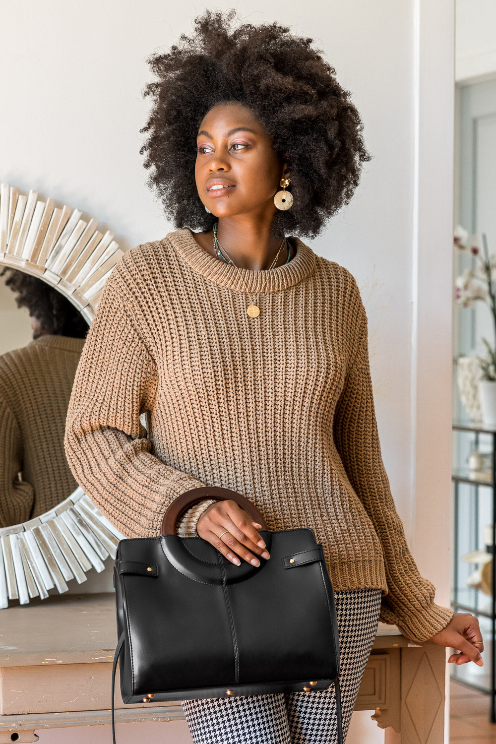 Pull écologique en grosse maille pour femme coton recyclé vegan Cannelle marron Minuit sur Terre
