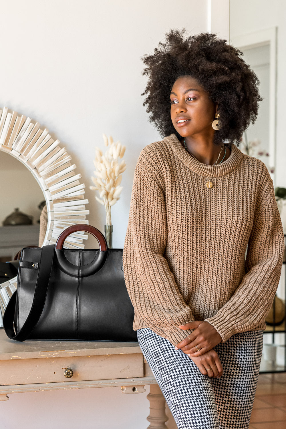 Pull écologique en grosse maille pour femme coton recyclé vegan Cannelle marron Minuit sur Terre