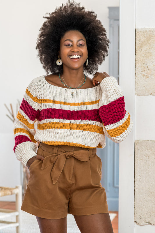 Pull en grosse maille écologique et vegan en coton recyclé écru bordeaux et safran Karinou Minuit sur Terre