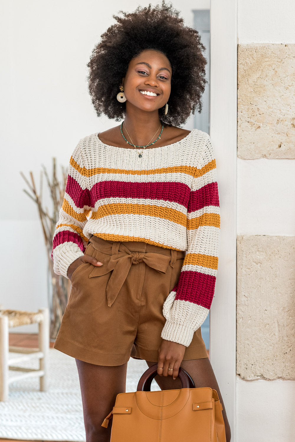 Pull en coton recyclé vegan écologique à rayures rouge, jaune et écru pour femme Karinou Minuit sur Terre
