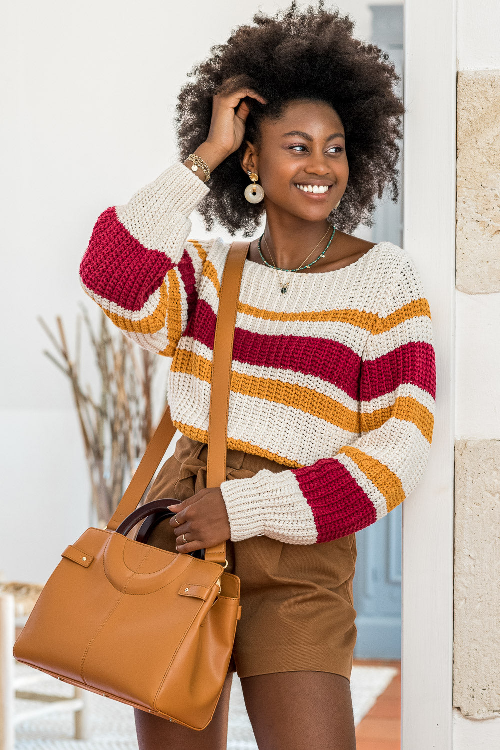 Pull en coton recyclé vegan écologique à rayures rouge, jaune et écru pour femme Karinou Minuit sur Terre