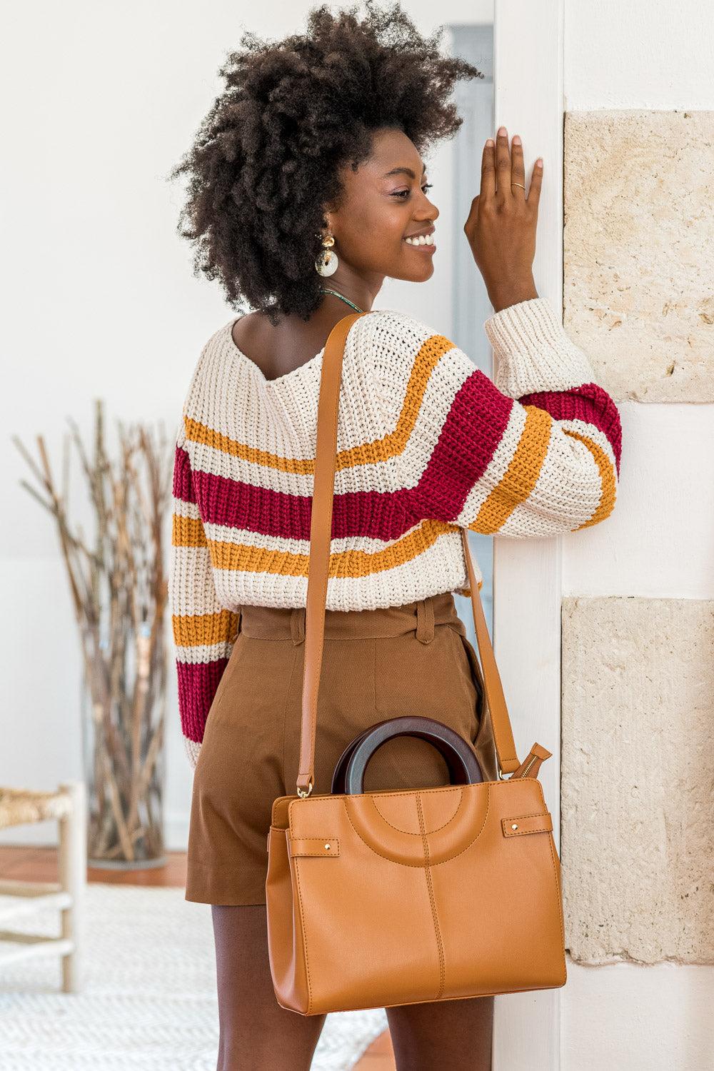 Pull en coton recyclé vegan écologique à rayures rouge, jaune et écru pour femme Karinou Minuit sur Terre
