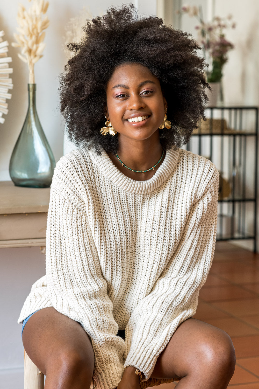 Pull en grosse maille écrue en coton recyclé vegan et écologique pour femme Cannelle Minuit sur Terre