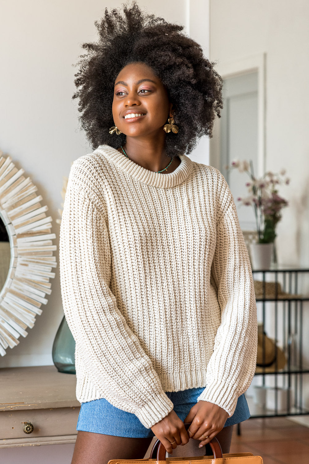 Pull en grosse maille écrue en coton recyclé vegan et écologique pour femme Cannelle Minuit sur Terre