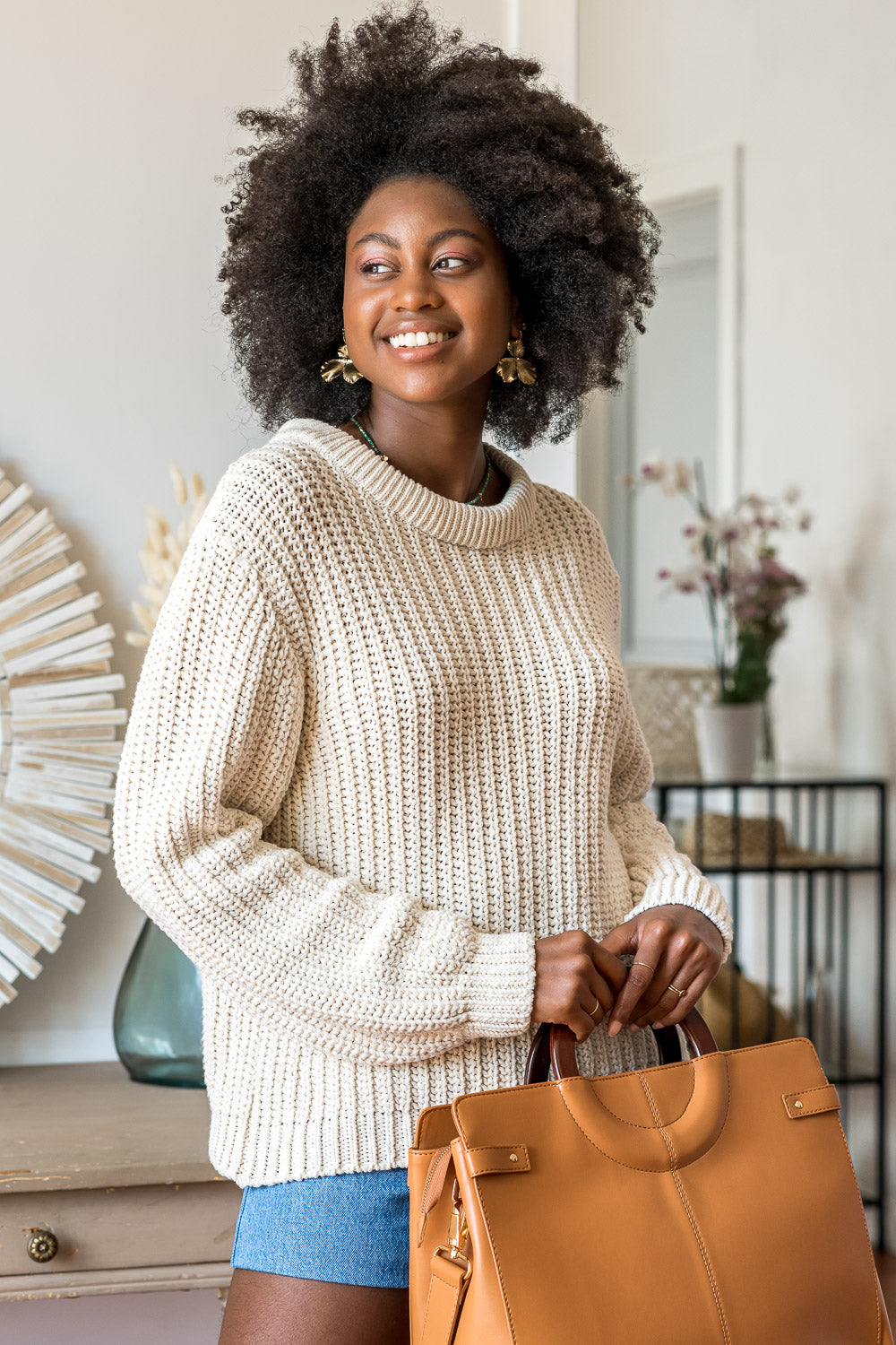 Pull en grosse maille écrue en coton recyclé vegan et écologique pour femme Cannelle Minuit sur Terre