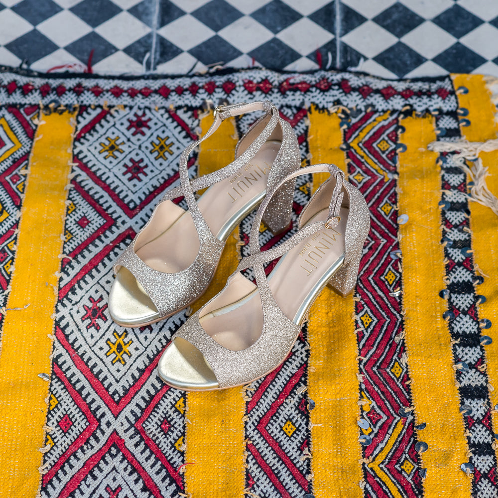 Sandales à talon à paillettes or doré femme vegan écologiques Agadir Minuit sur Terre