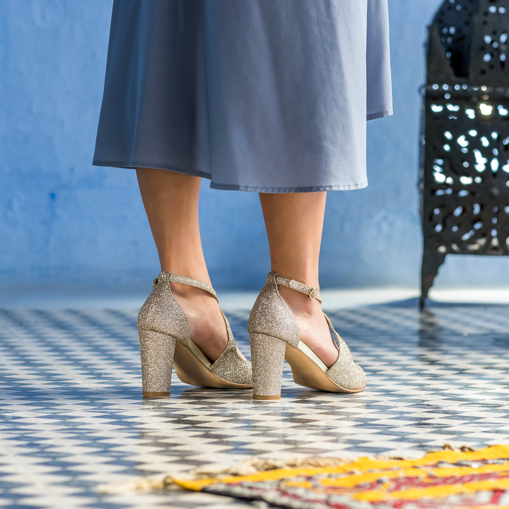 Sandales à talon à paillettes or doré femme vegan écologiques Agadir Minuit sur Terre