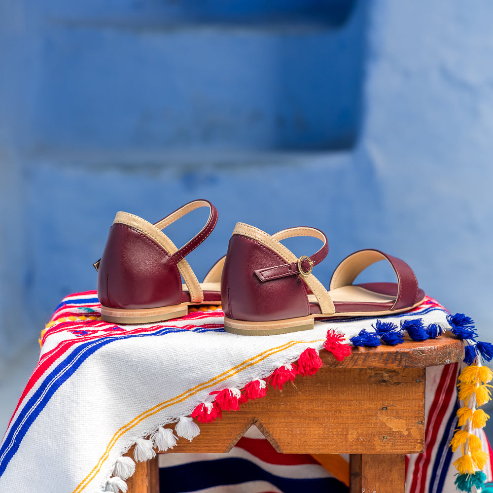 Sandales plates bordeaux et doré vegan écologiques Argan pour femme Minuit sur Terre