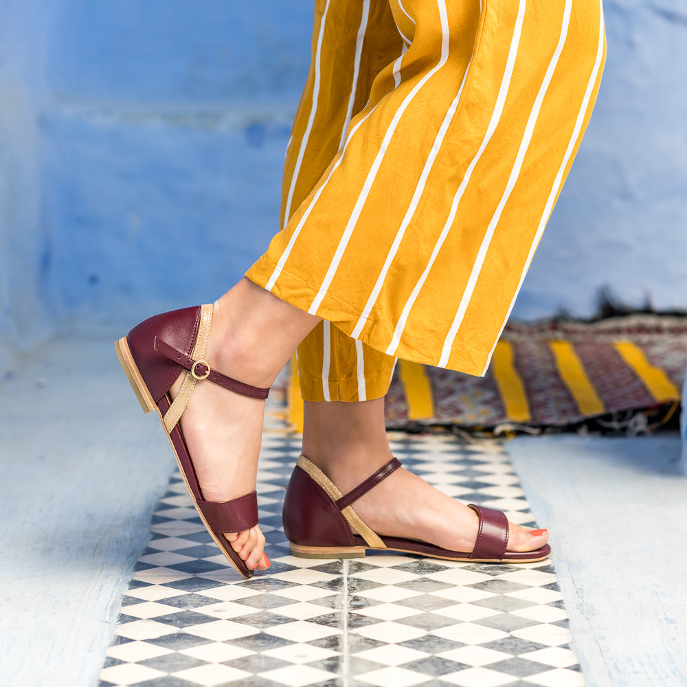 Sandales plates bordeaux et doré vegan écologiques Argan pour femme Minuit sur Terre