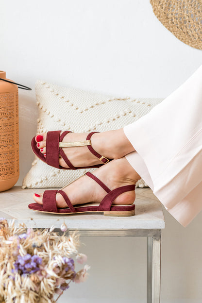 Sandales plates vegan sans cuir écologique pour femme bordeaux rouge foncé or doré Bastia Minuit sur Terre