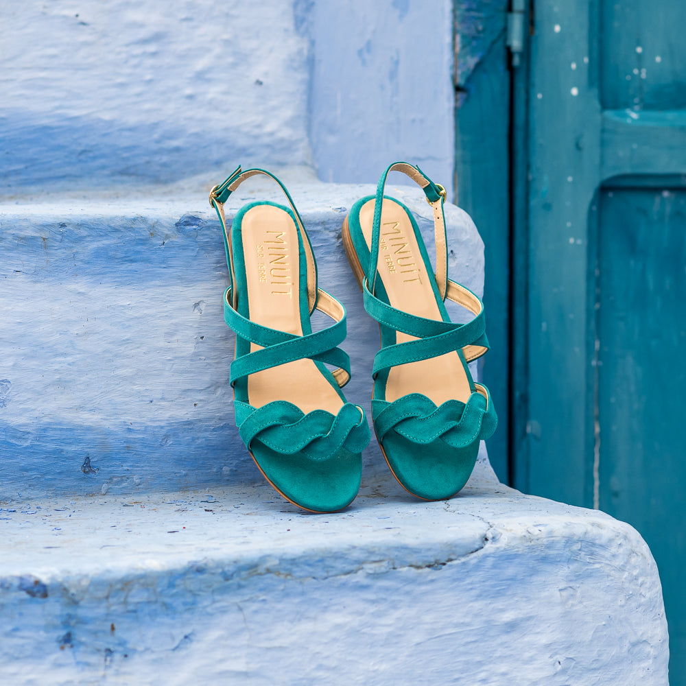 Sandales plates bleues vert pour femme vegan écologiques Muscade Minuit sur Terre